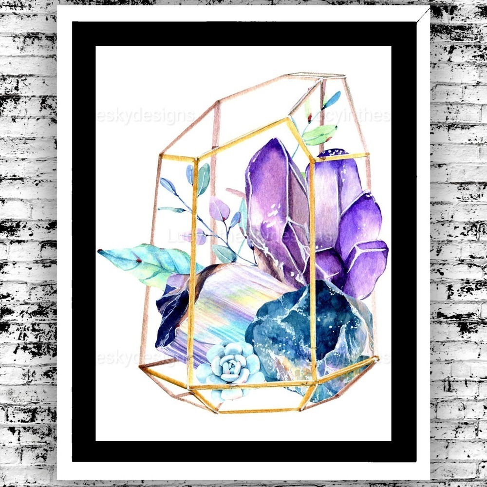 Crystal Succulent Terrarium Purple Blue Art Print 8.5x11